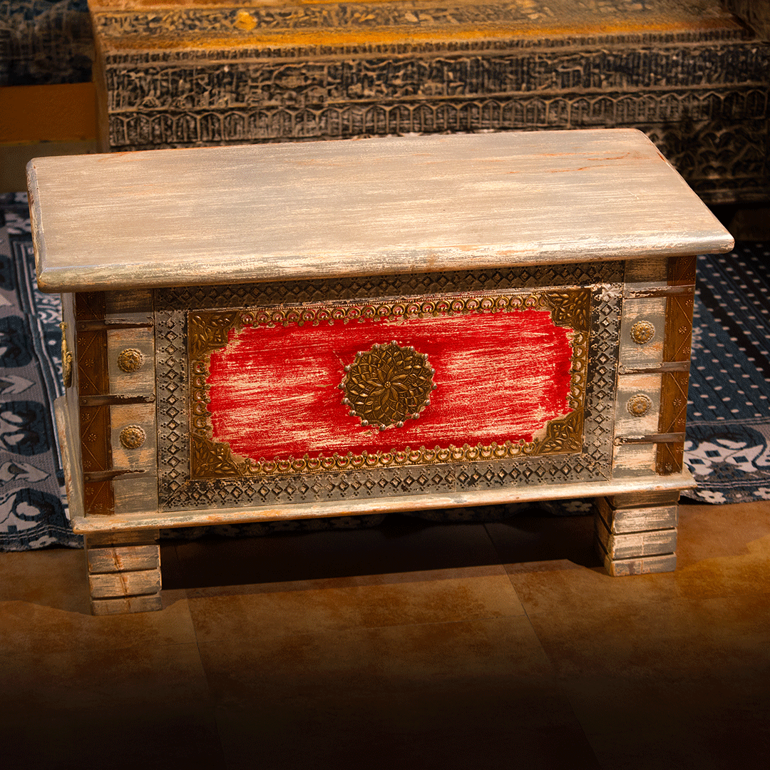 Treasure Box / Pitara Grey - Red Rustic Finish Brass Art Treasure Box / Pitara Grey - Red Rustic Finish Brass Art
